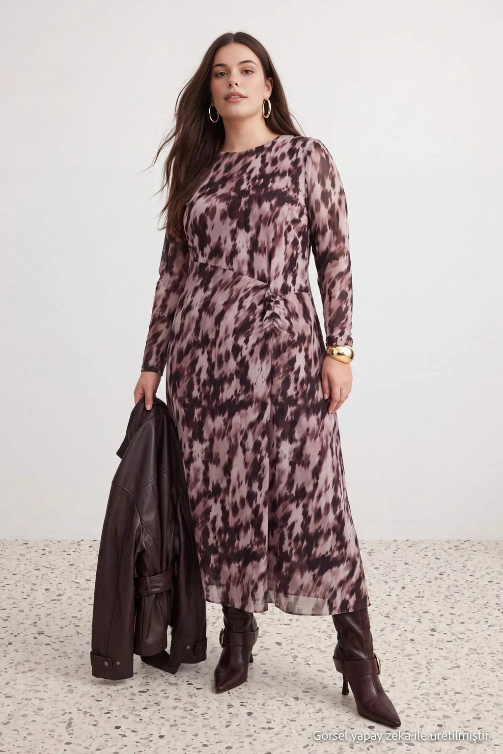 Round Neck Long Sleeve Ruched Maxi Dress