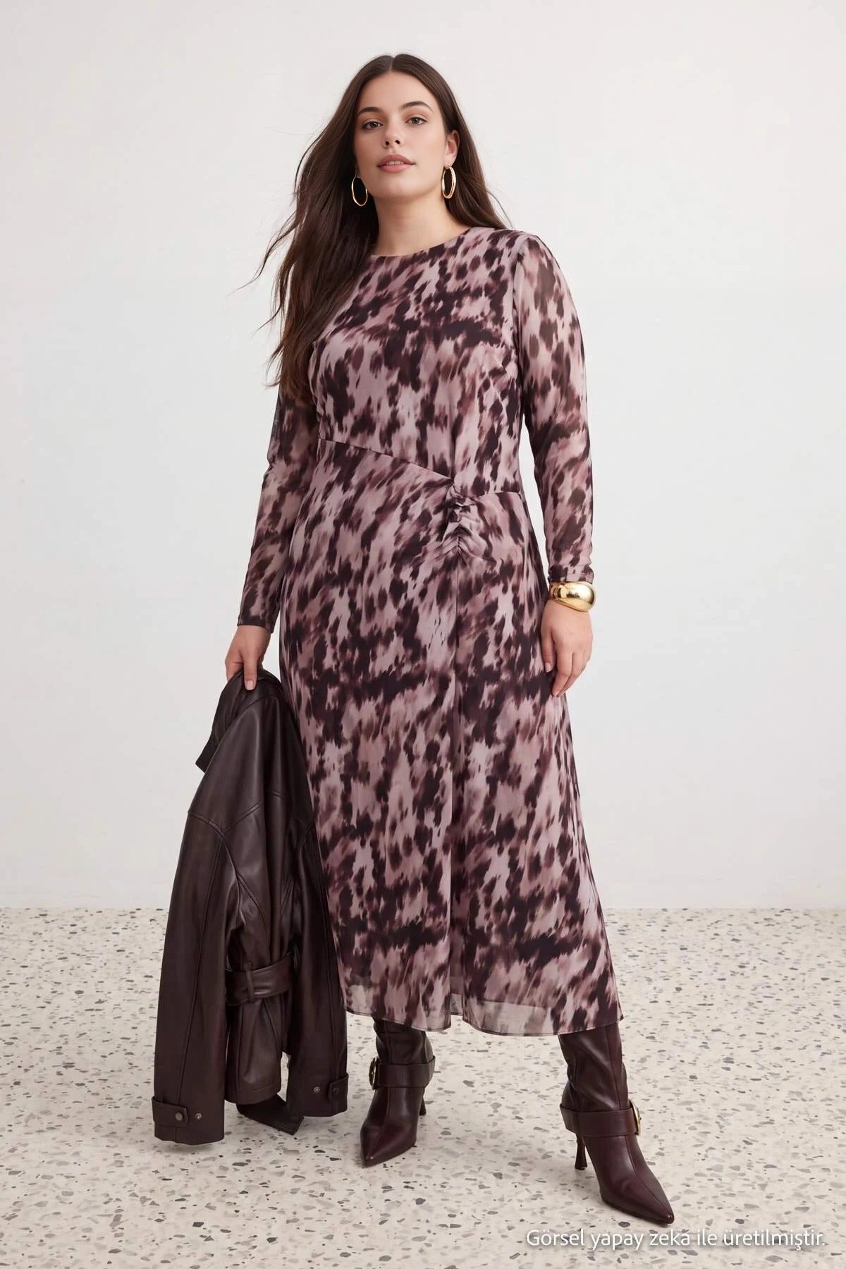 Round Neck Long Sleeve Ruched Maxi Dress