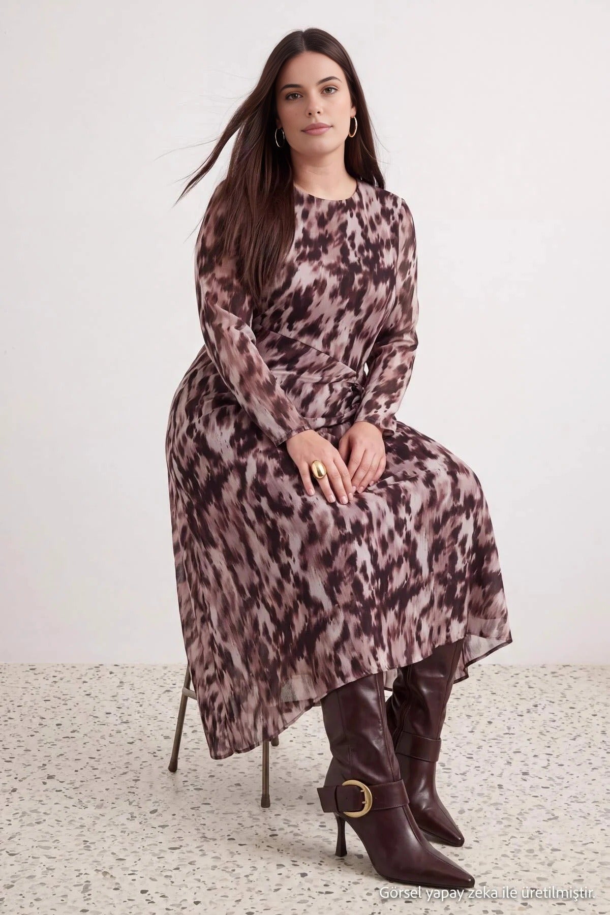 Round Neck Long Sleeve Ruched Maxi Dress