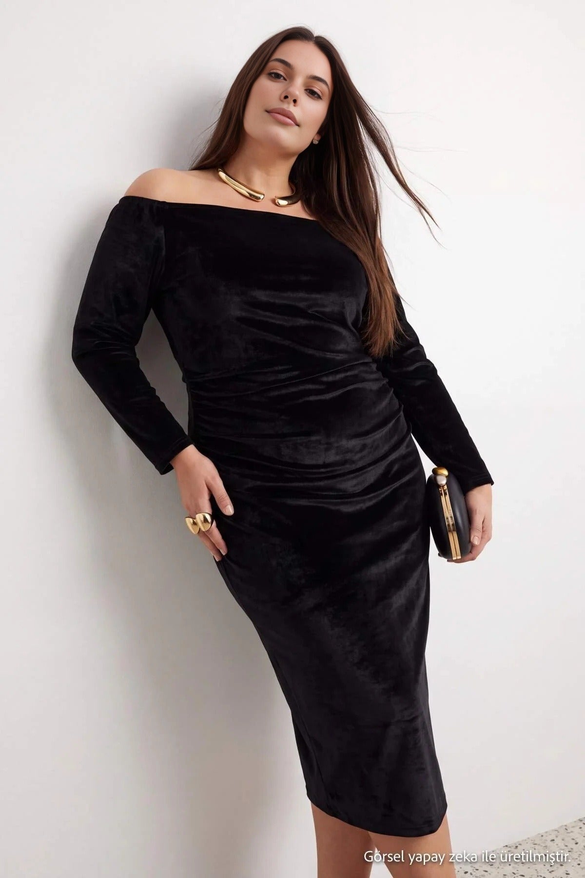 Carmen Neckline Ruched Detail Bodycon Midi Dress