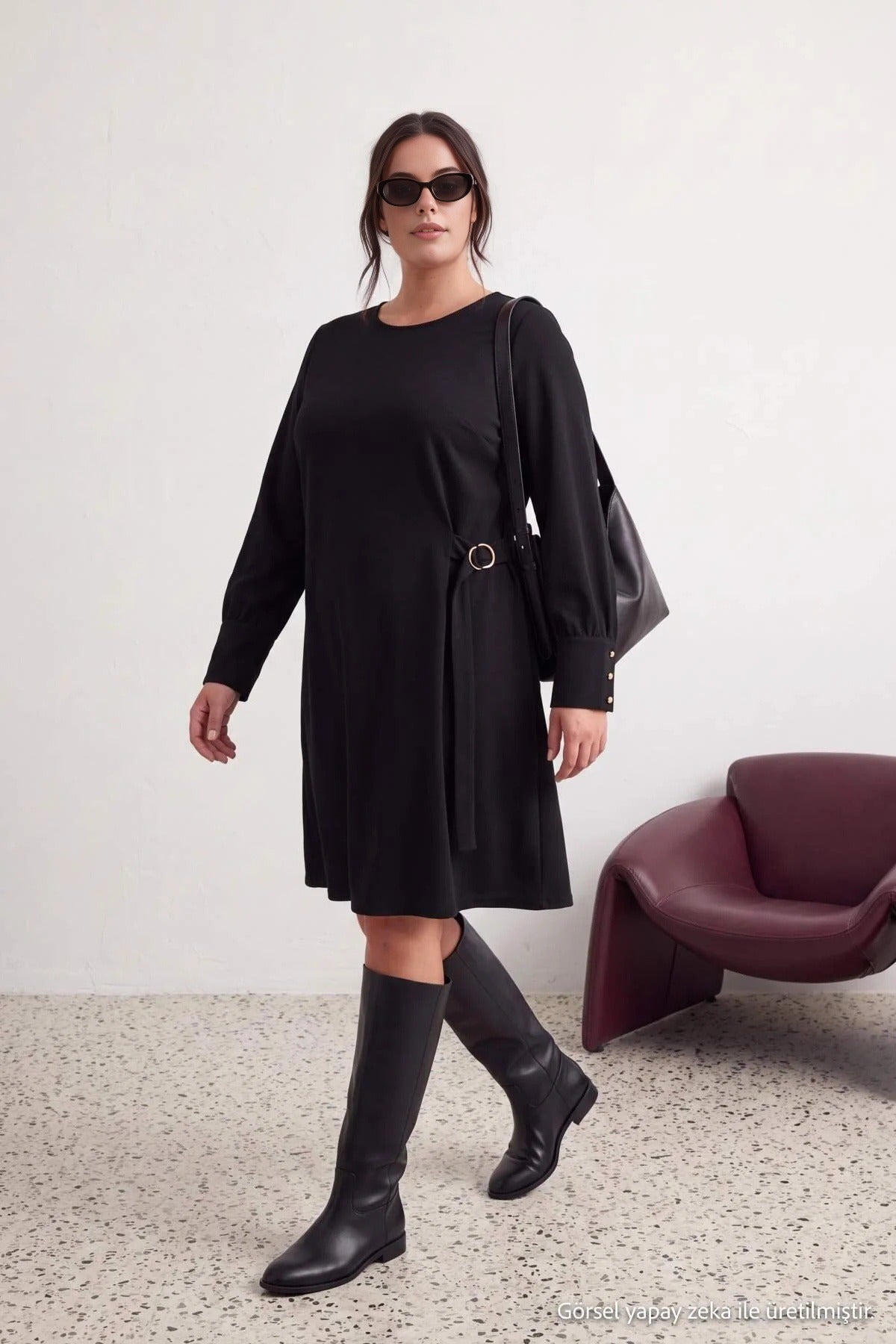 Long Sleeve Round Neck Mini Shift Dress