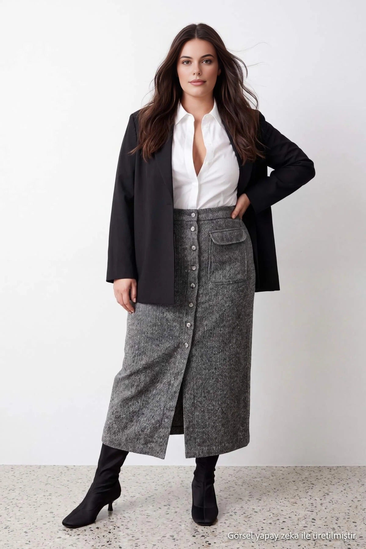 Button Front Pocket Detail Midi Skirt