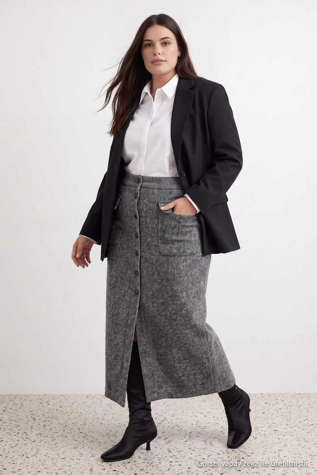 Button Front Pocket Detail Midi Skirt