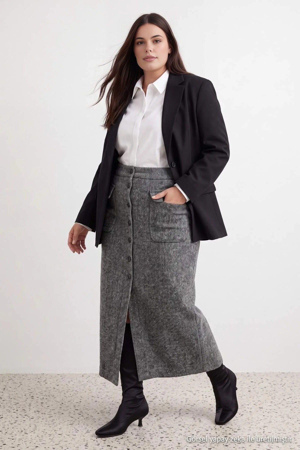 Button Front Pocket Detail Midi Skirt