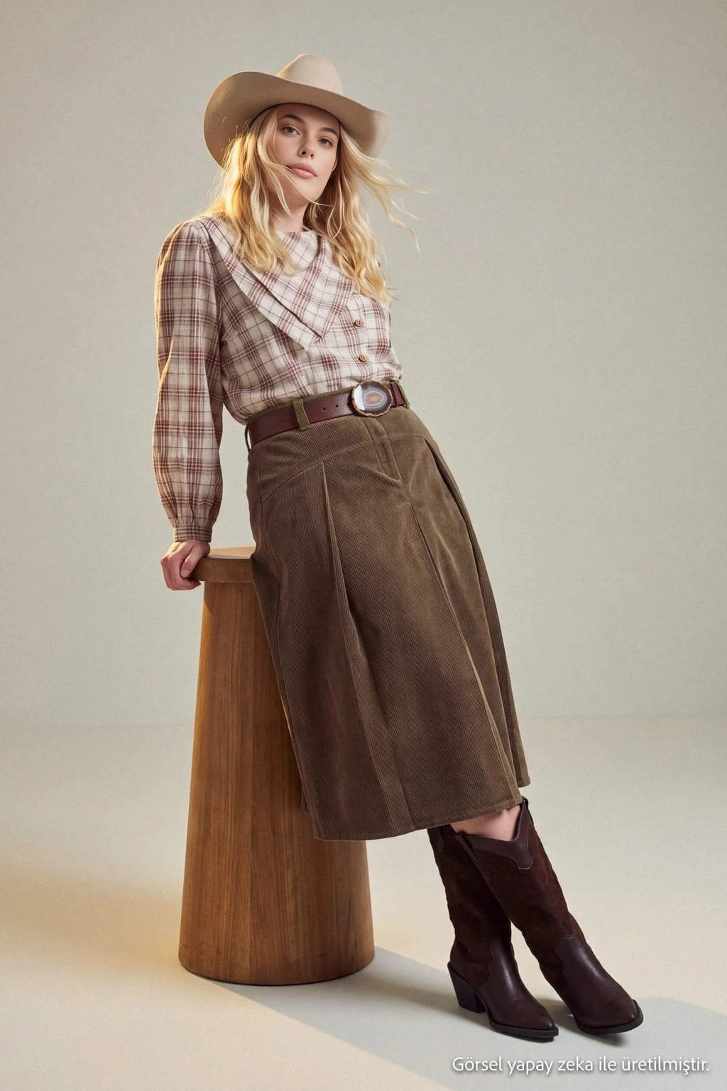 High Waisted Pleated Midi A-Line Skirt