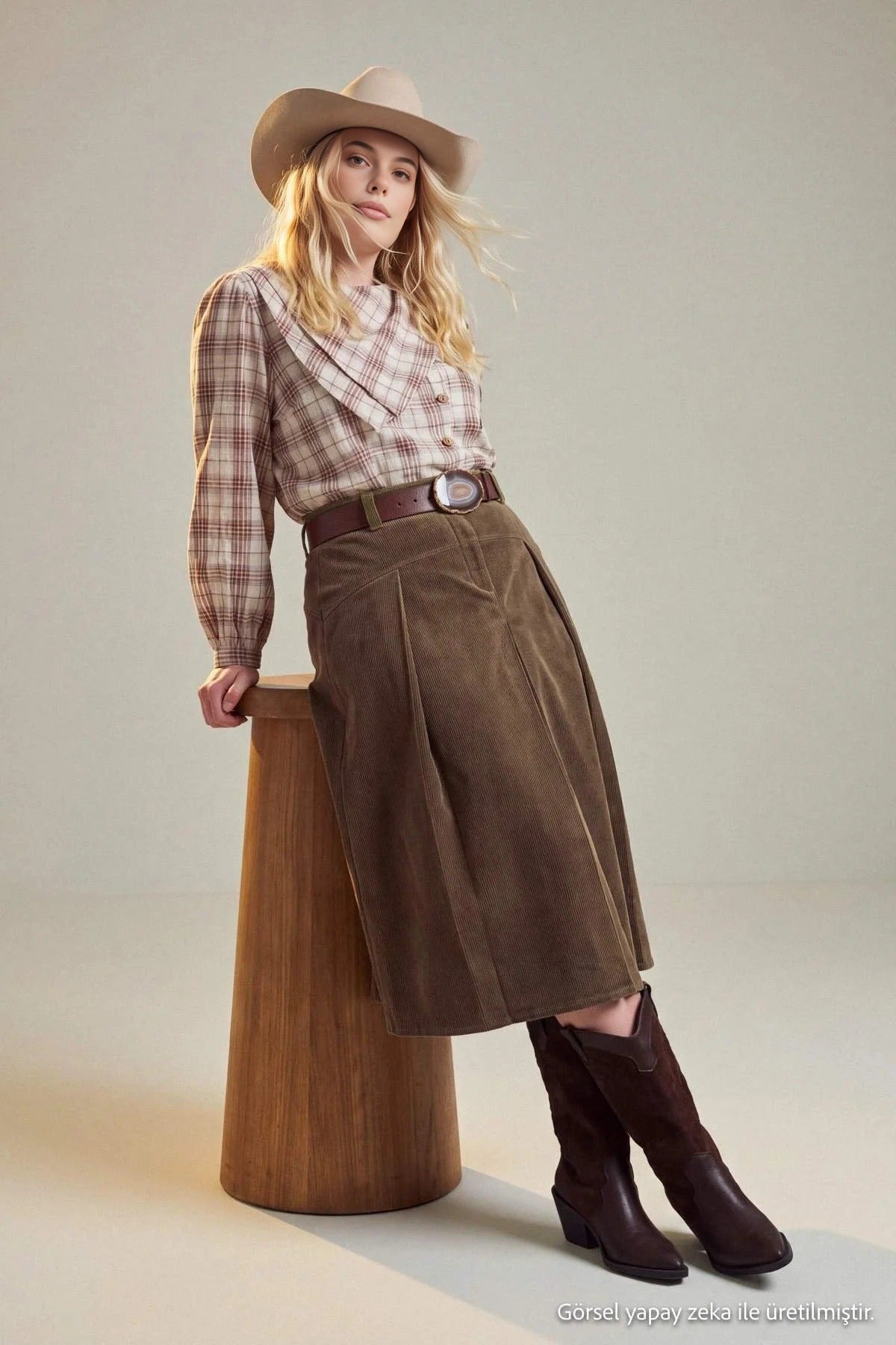 High Waisted Pleated Midi A-Line Skirt