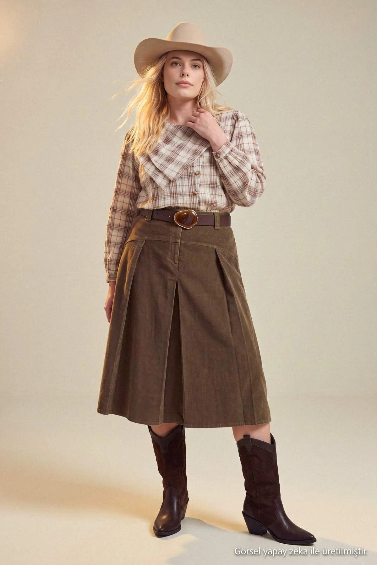 High Waisted Pleated Midi A-Line Skirt