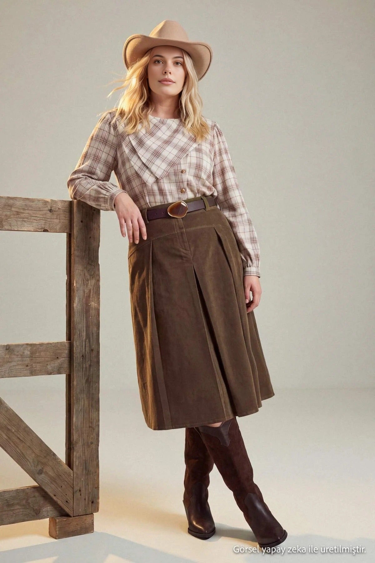 High Waisted Pleated Midi A-Line Skirt