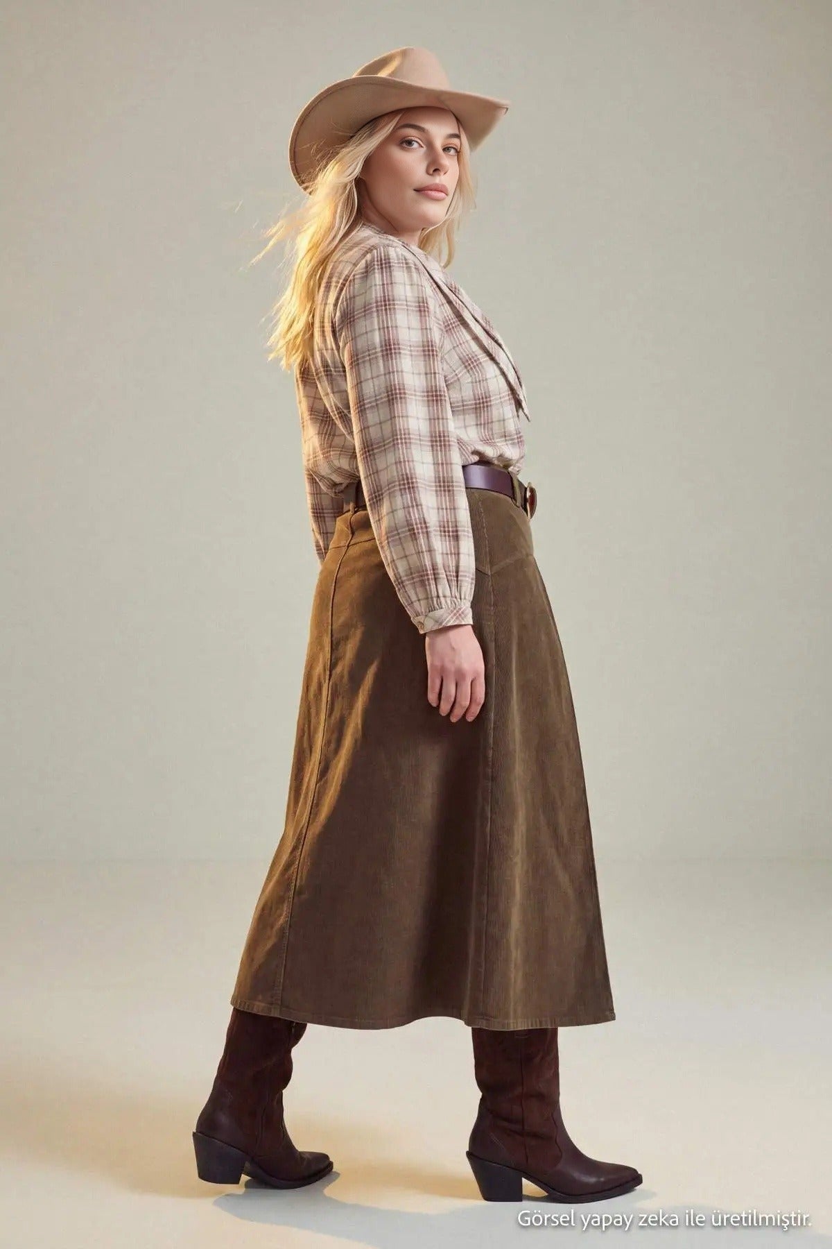 High Waisted Pleated Midi A-Line Skirt