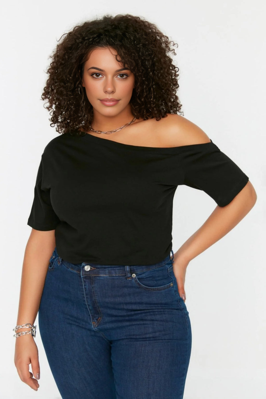 Off-Shoulder Detail 100% Cotton Knitted Blouse