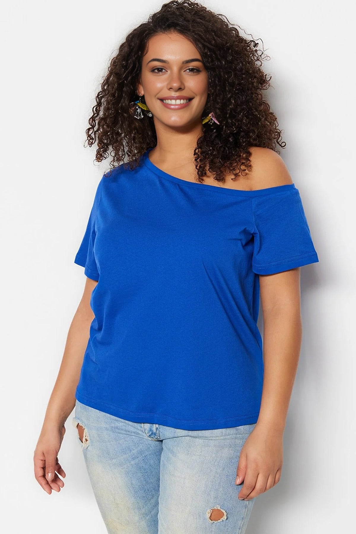 Off-Shoulder Detail 100% Cotton Knitted Blouse