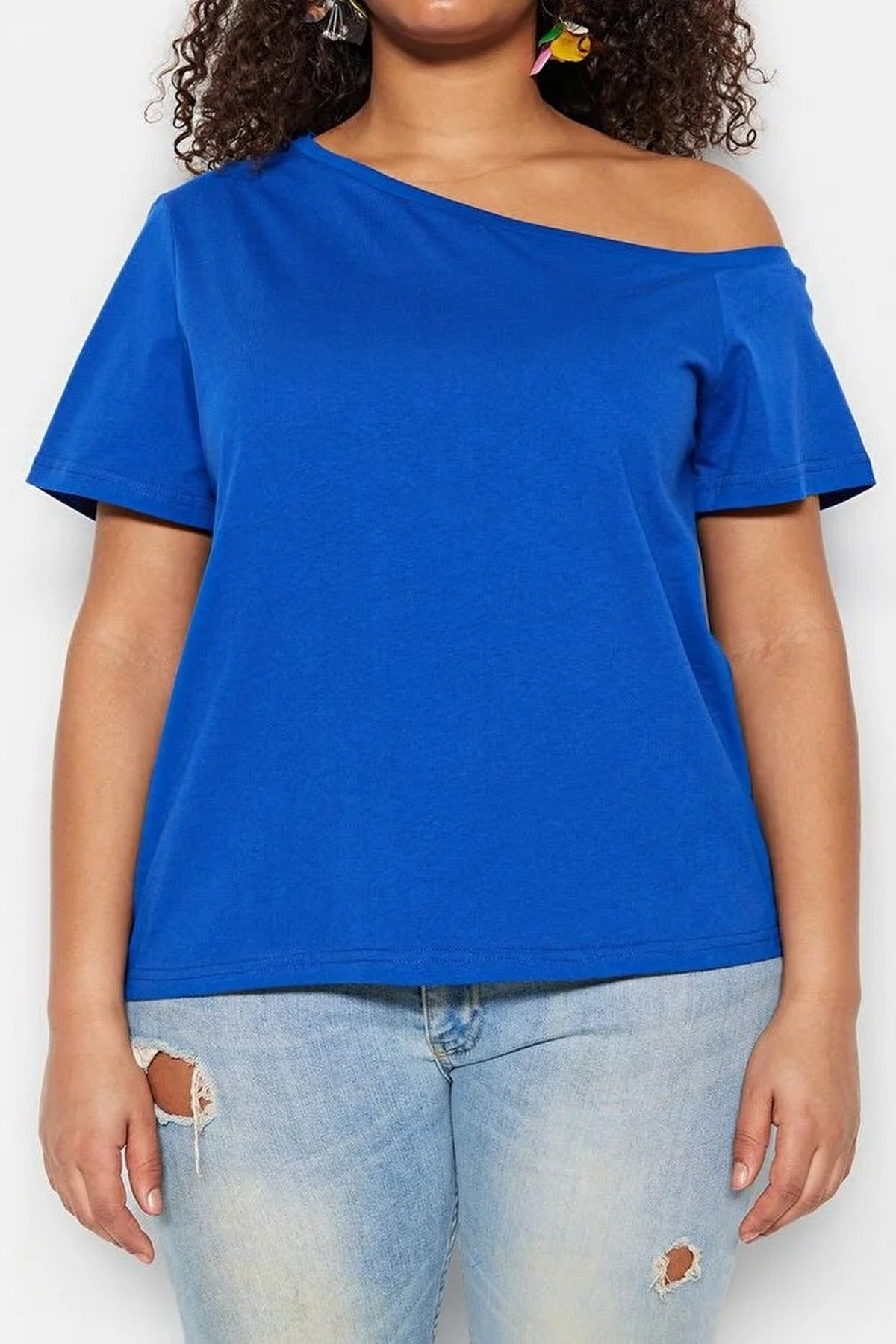 Off-Shoulder Detail 100% Cotton Knitted Blouse