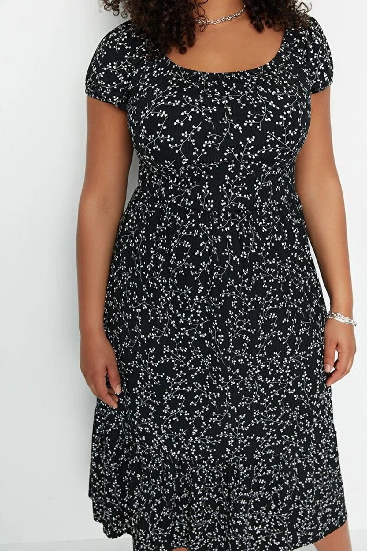 Floral Pattern A-line Maxi Knitted Plus Size Dress