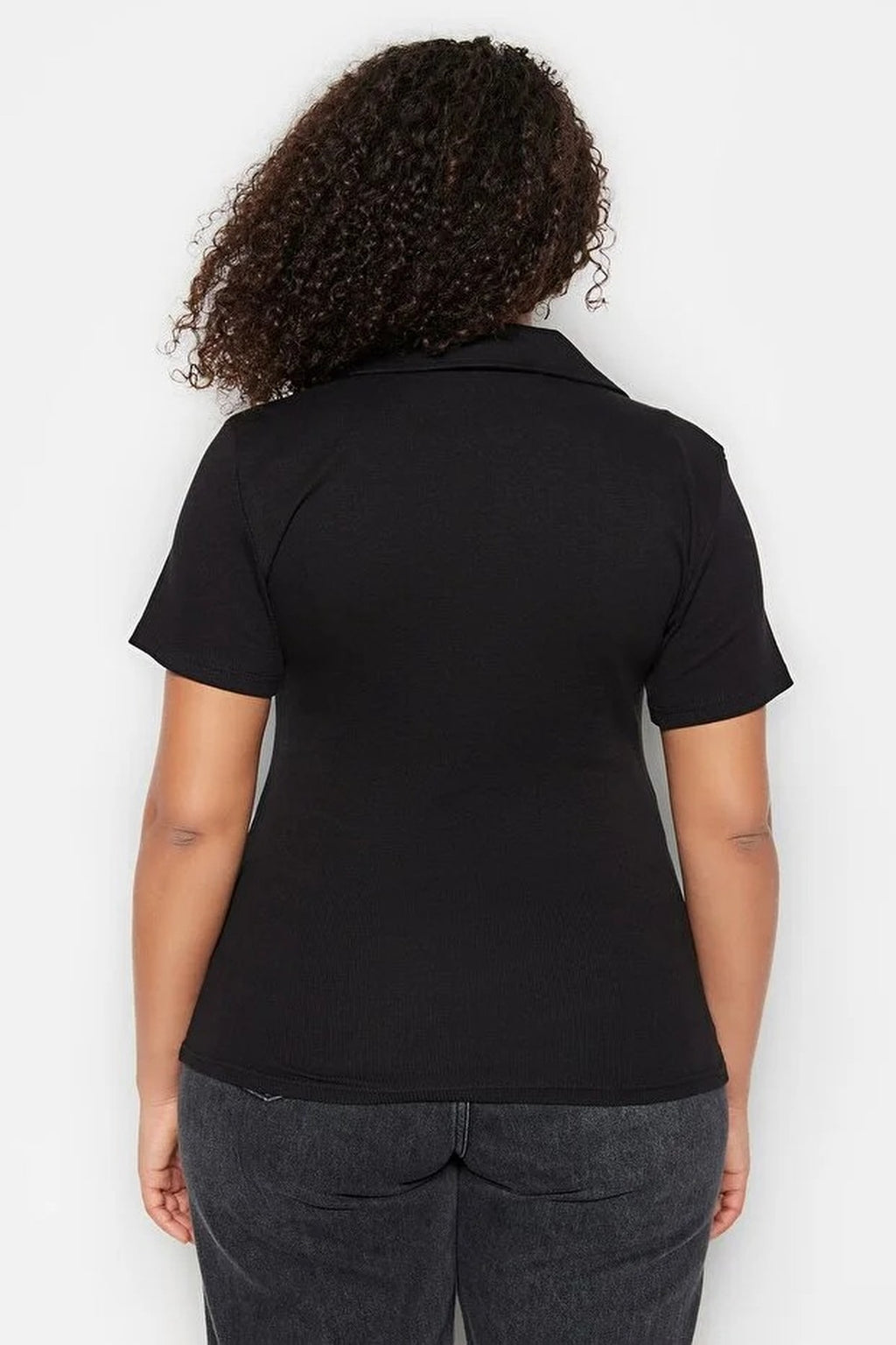 Polo Collar Body-Fitting Ribbed Knit Blouse