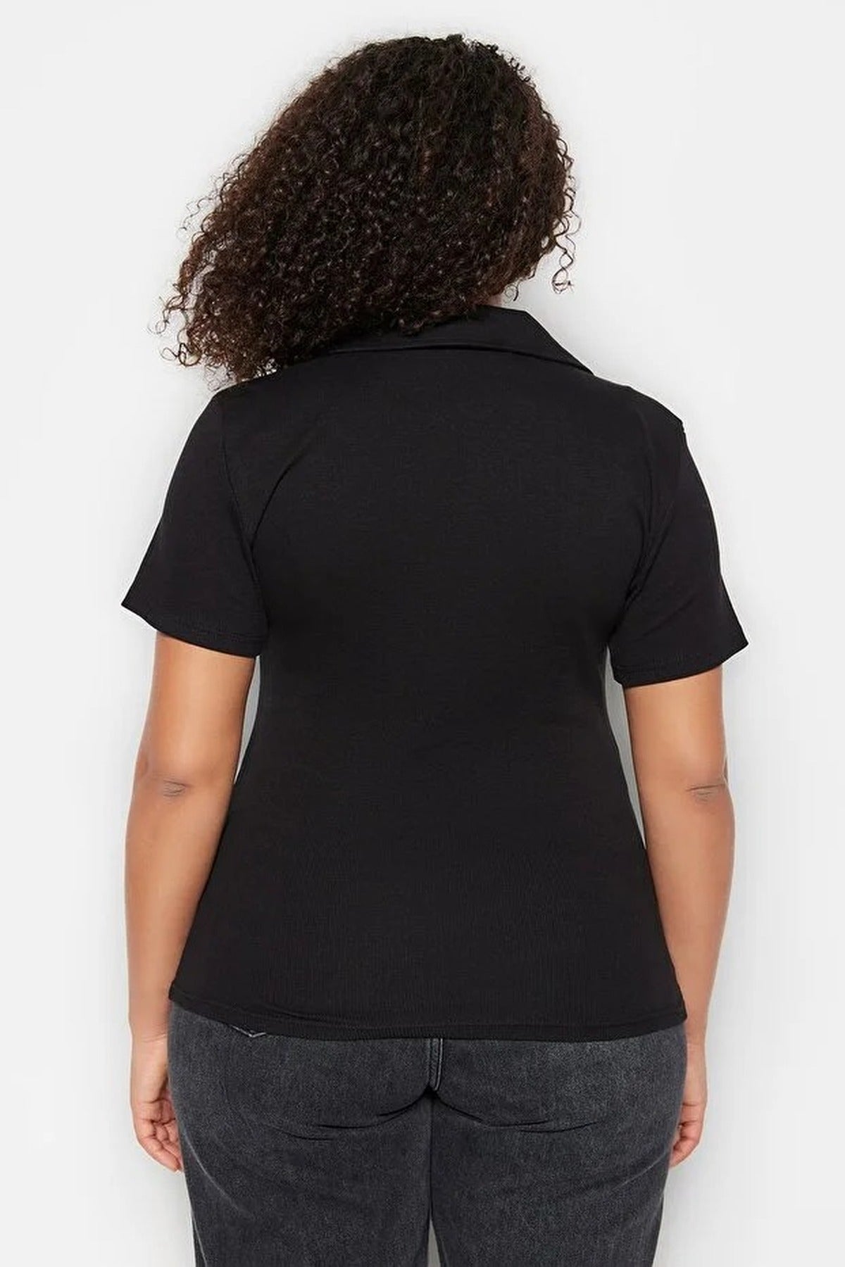Polo Collar Body-Fitting Ribbed Knit Blouse