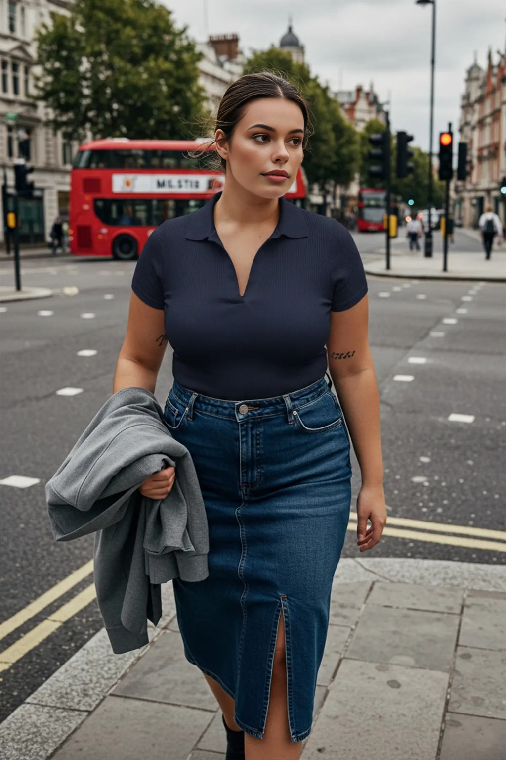 Polo Collar Body-Fitting Ribbed Knit Blouse