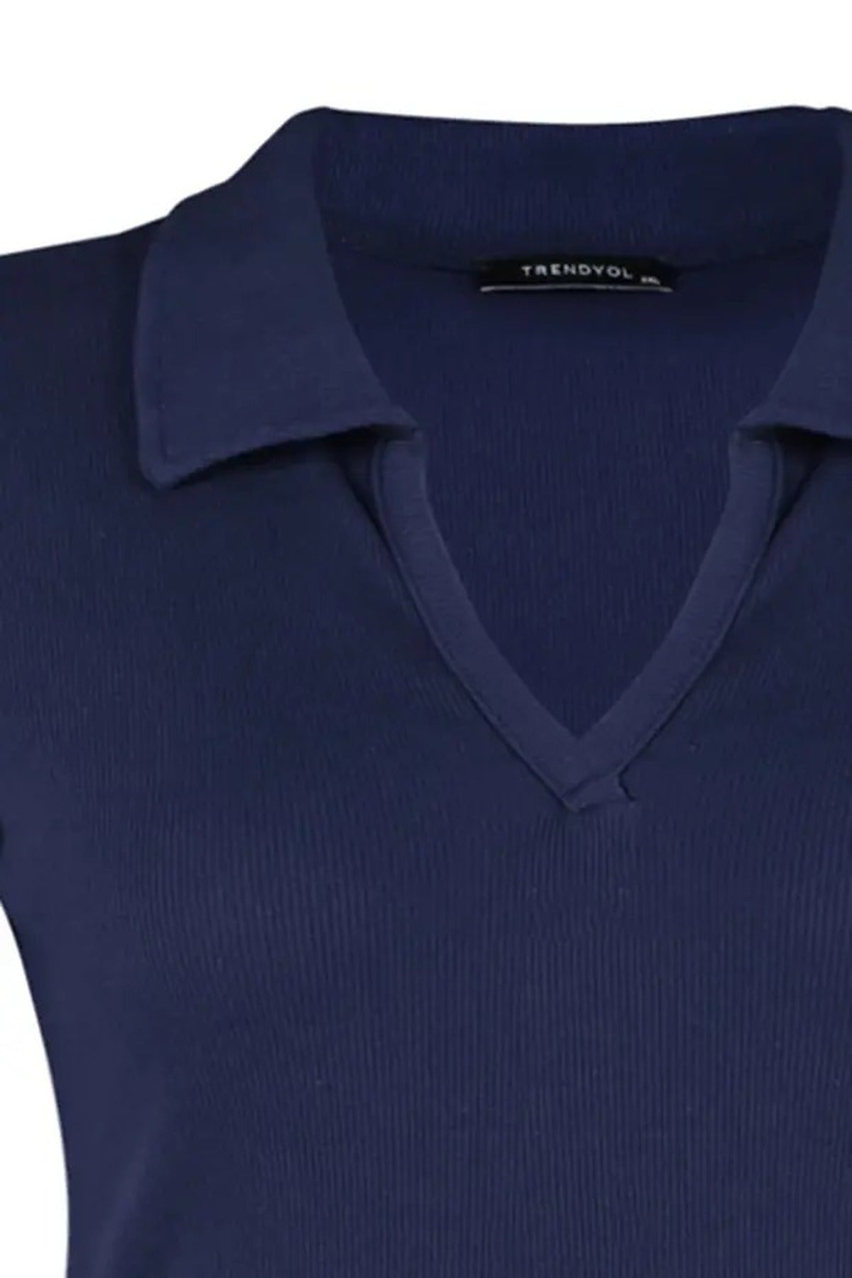 Polo Collar Body-Fitting Ribbed Knit Blouse