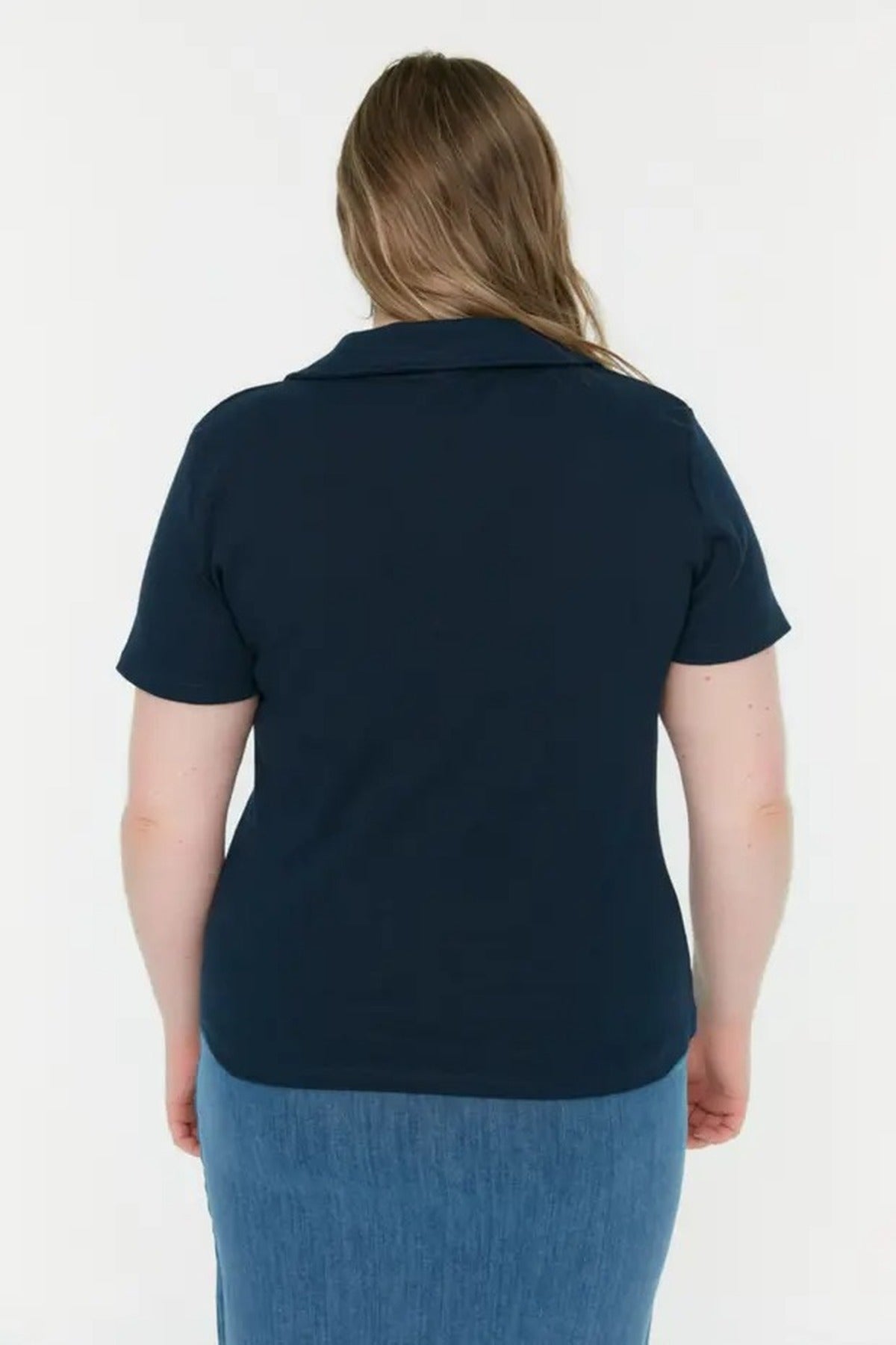 Polo Collar Body-Fitting Ribbed Knit Blouse