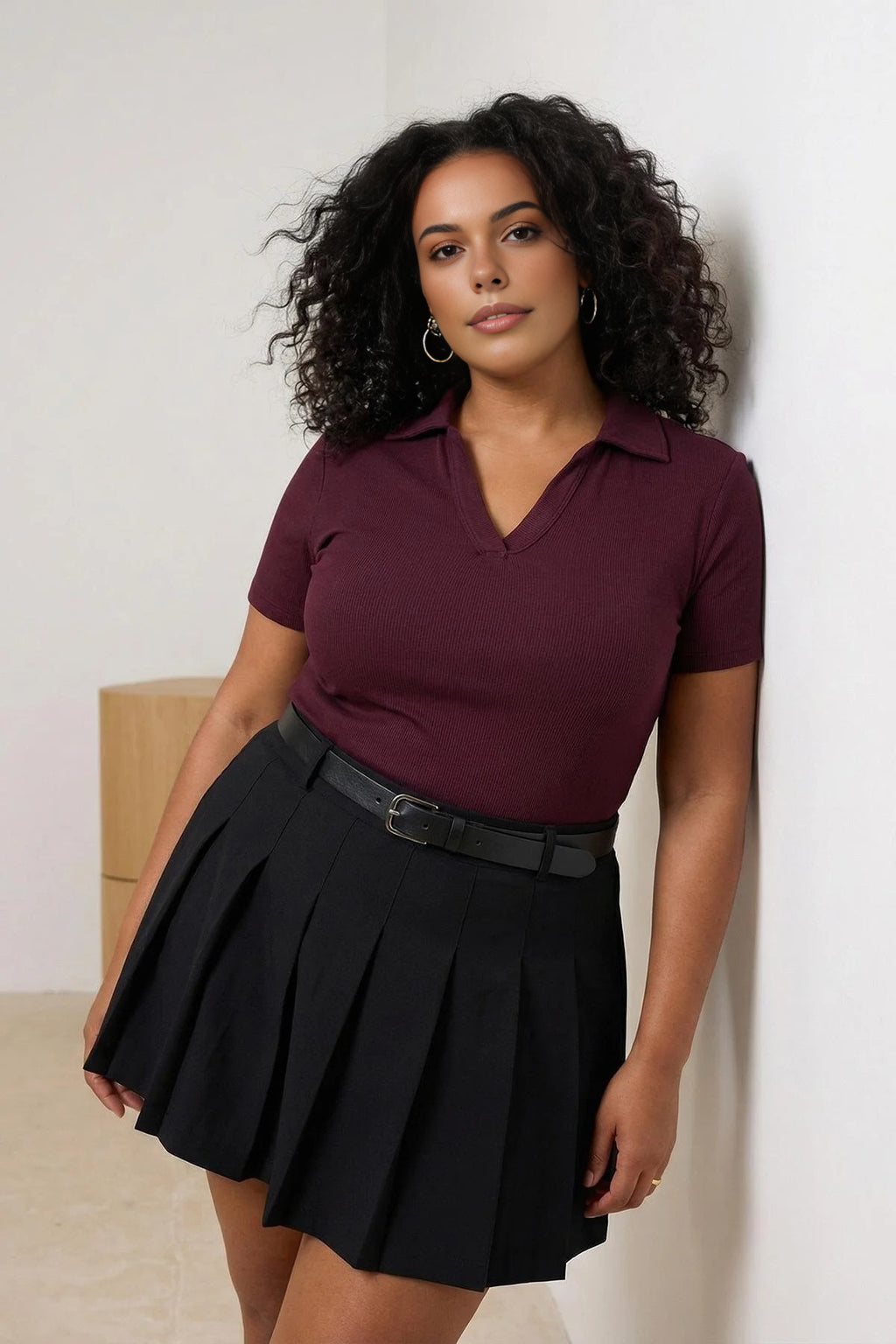 Polo Collar Body-Fitting Ribbed Knit Blouse