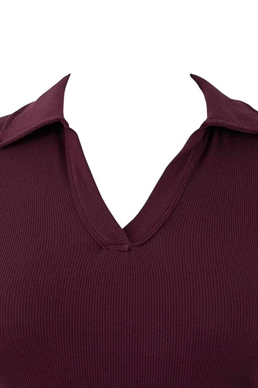 Polo Collar Body-Fitting Ribbed Knit Blouse