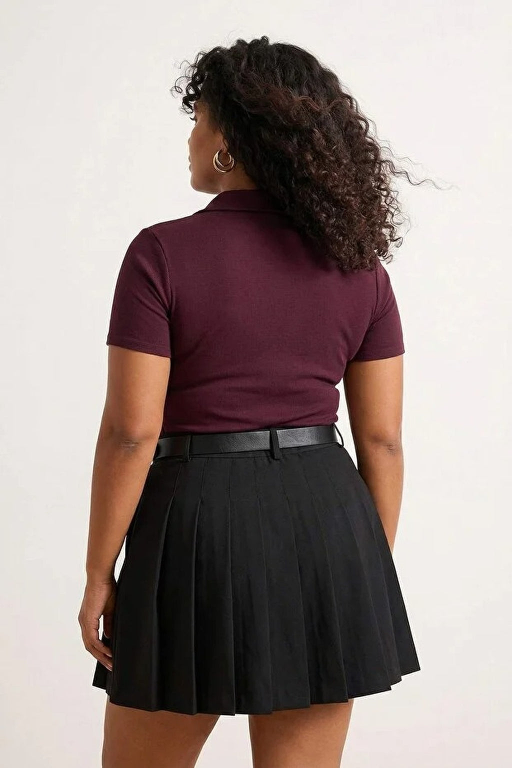 Polo Collar Body-Fitting Ribbed Knit Blouse