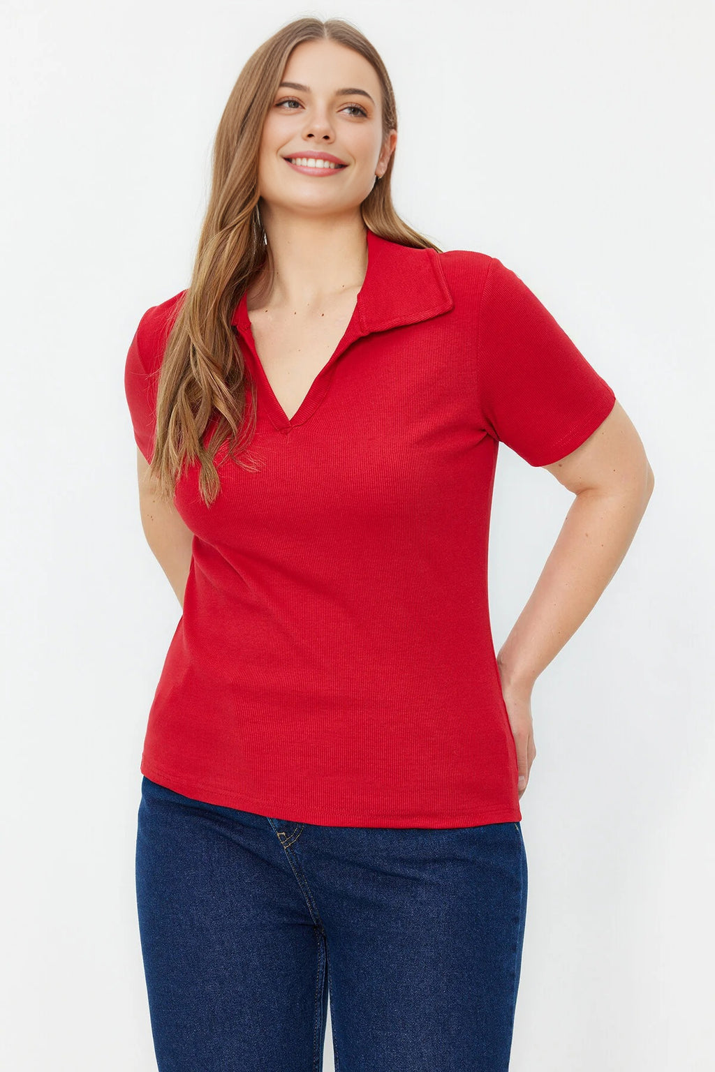 Polo Collar Body-Fitting Ribbed Knit Blouse