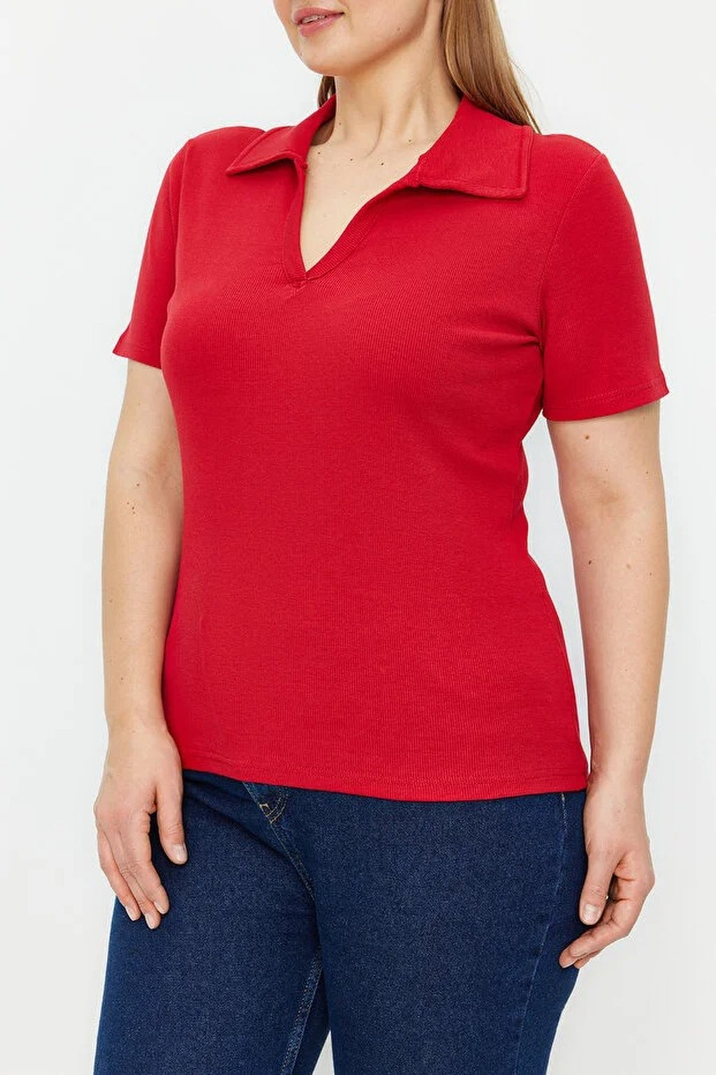 Polo Collar Body-Fitting Ribbed Knit Blouse