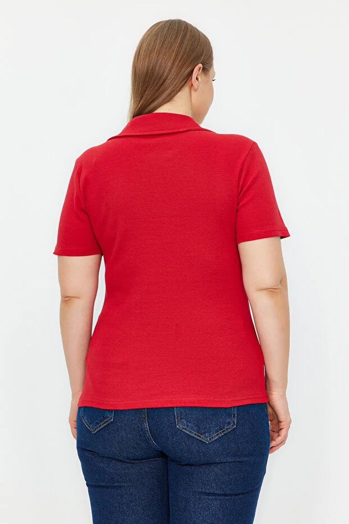 Polo Collar Body-Fitting Ribbed Knit Blouse