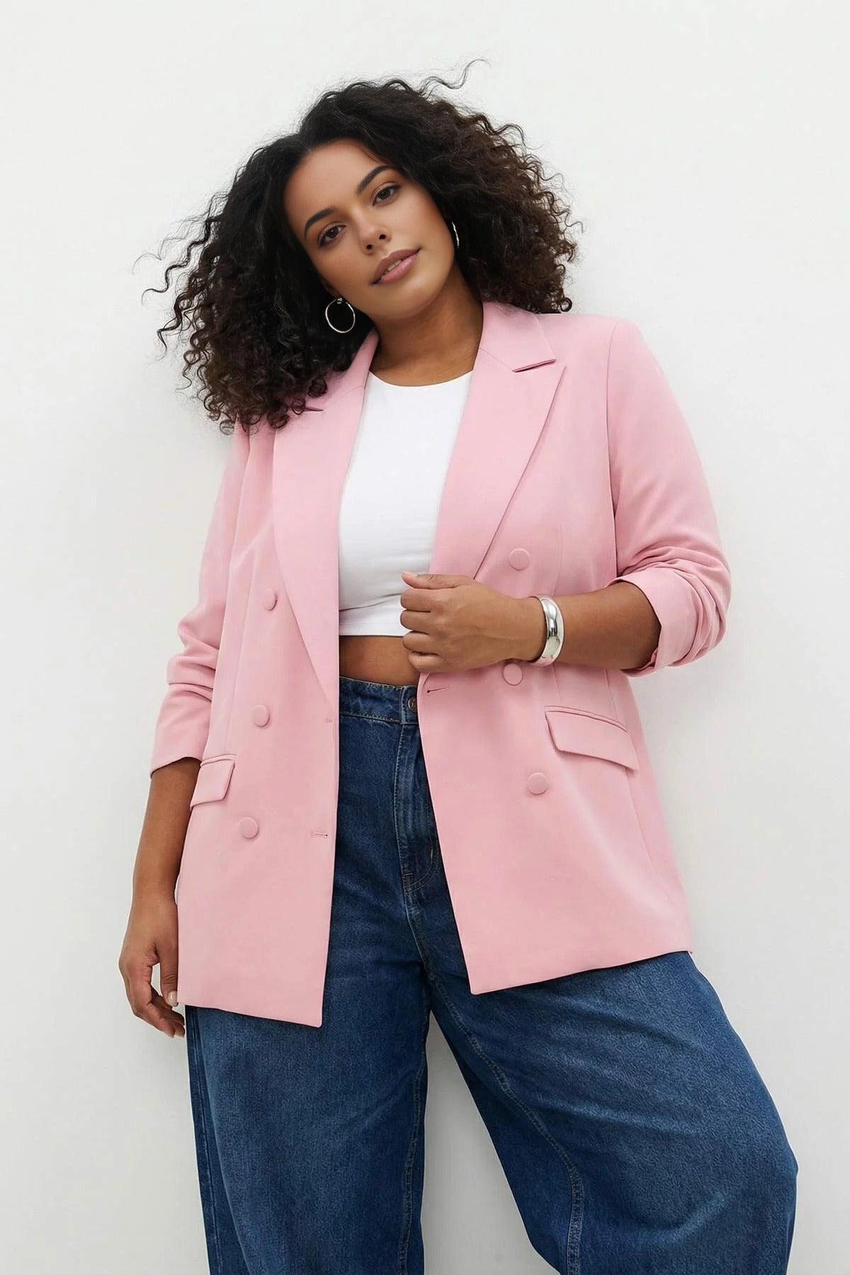 Double Closure Woven Blazer Plus Size Jacket