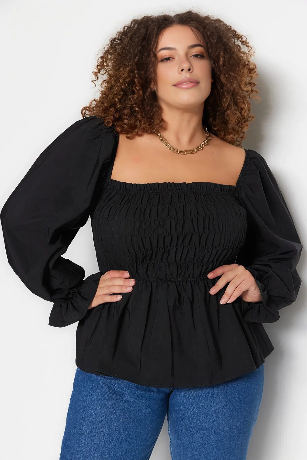 Square Neck Gathered Sleeves Woven Plus Size Blouse