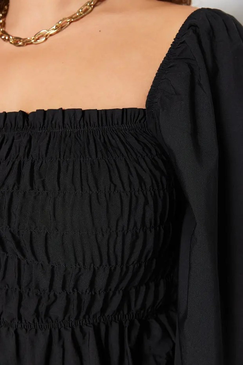 Square Neck Gathered Sleeves Woven Plus Size Blouse