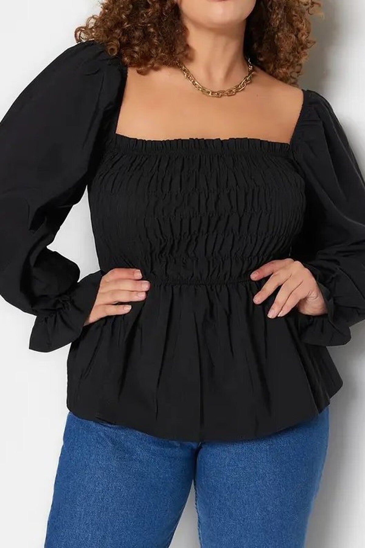 Square Neck Gathered Sleeves Woven Plus Size Blouse