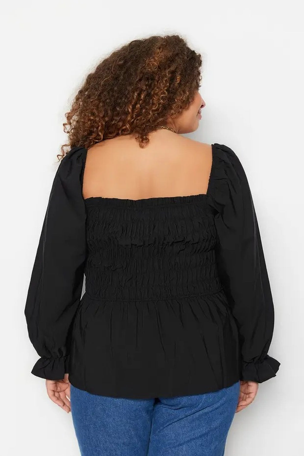 Square Neck Gathered Sleeves Woven Plus Size Blouse