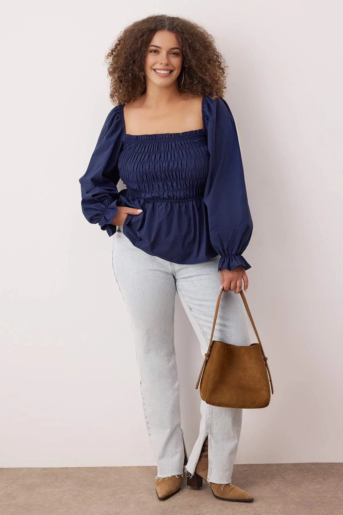 Square Neck Gathered Sleeves Woven Plus Size Blouse