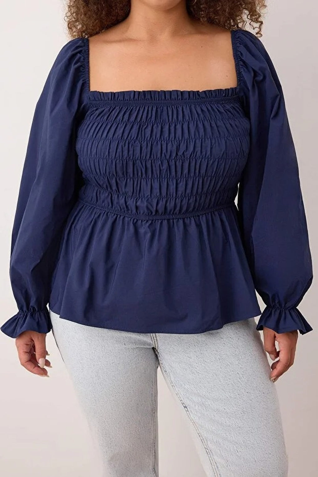 Square Neck Gathered Sleeves Woven Plus Size Blouse