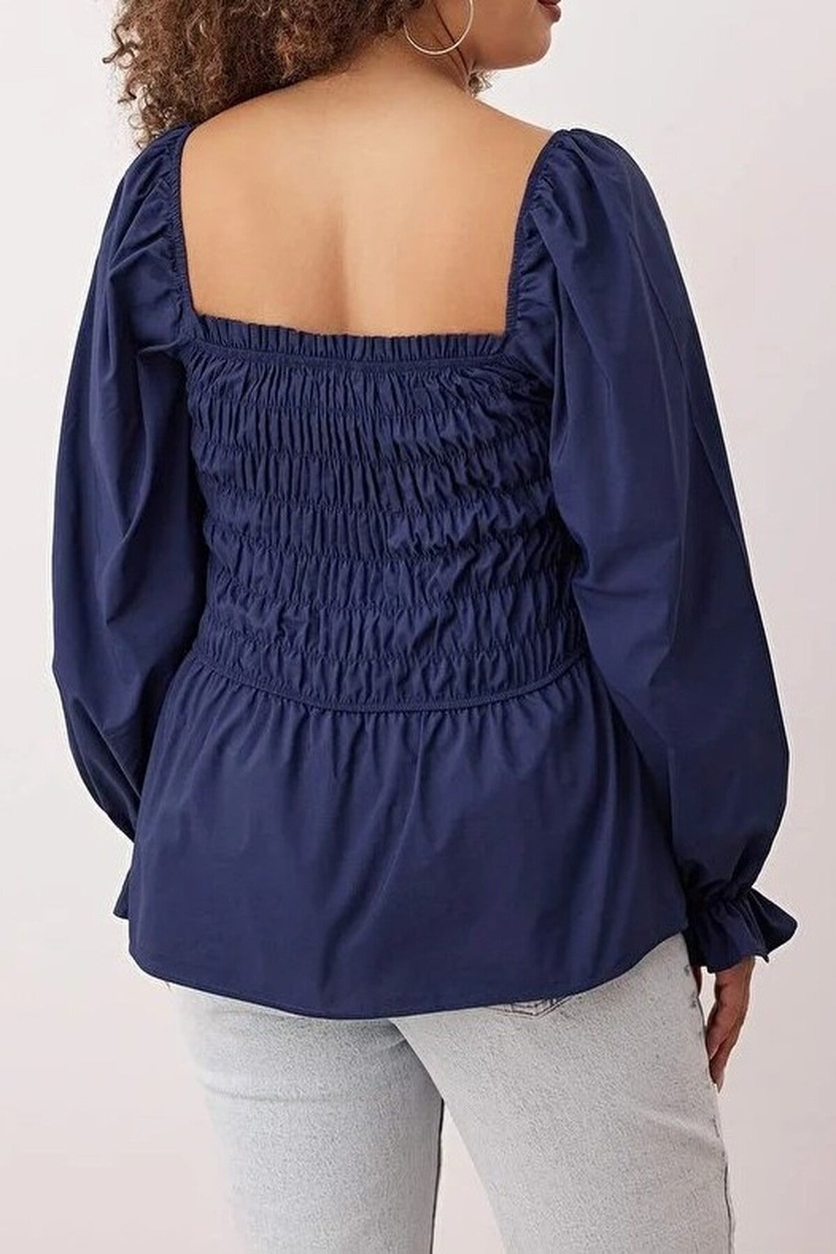 Square Neck Gathered Sleeves Woven Plus Size Blouse
