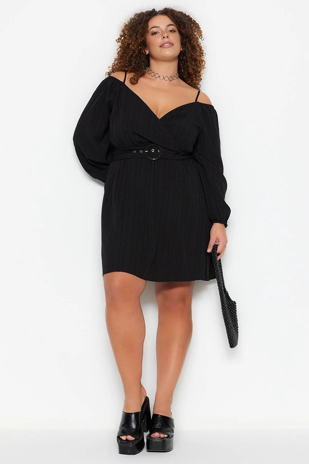 Belted Woven Wrap Collar Dress