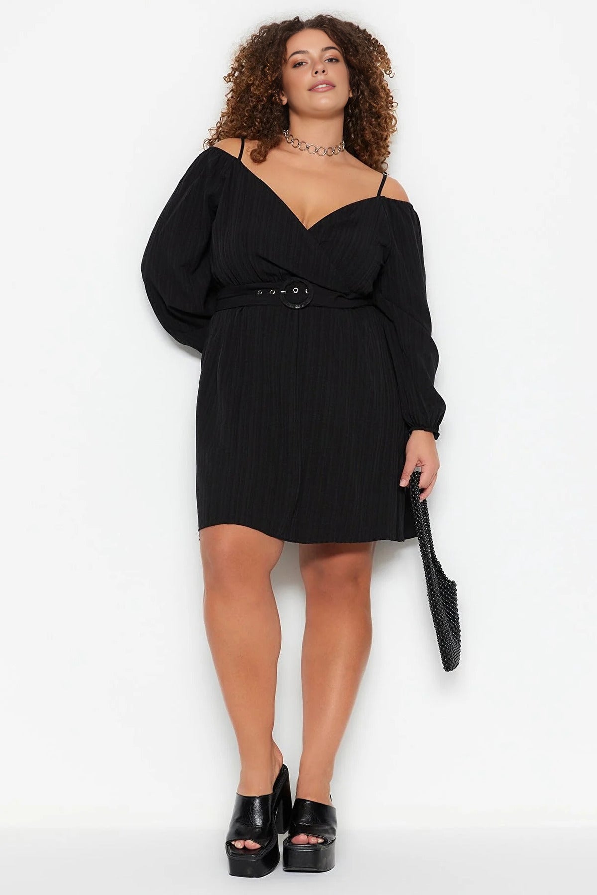 Belted Woven Wrap Collar Dress
