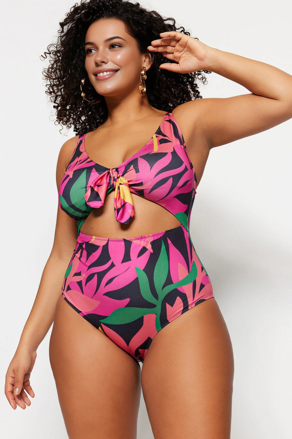 Deep V Cut Out Plus Size Swimsuit with Tie Detail and Floral Pattern