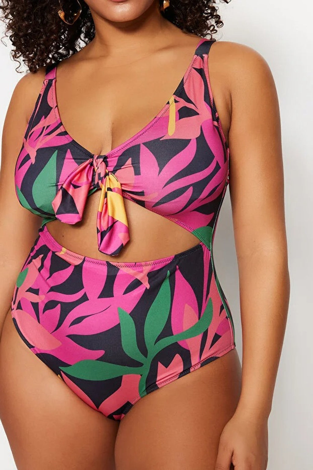 Deep V Cut Out Plus Size Swimsuit with Tie Detail and Floral Pattern