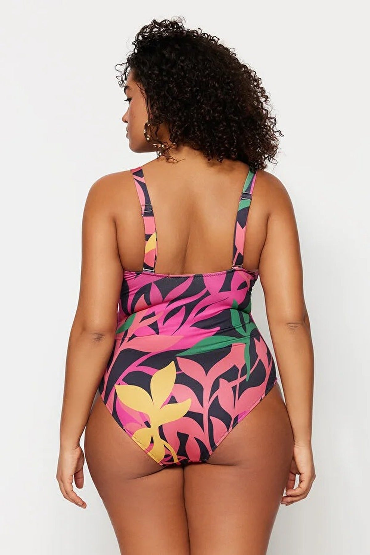 Deep V Cut Out Plus Size Swimsuit with Tie Detail and Floral Pattern
