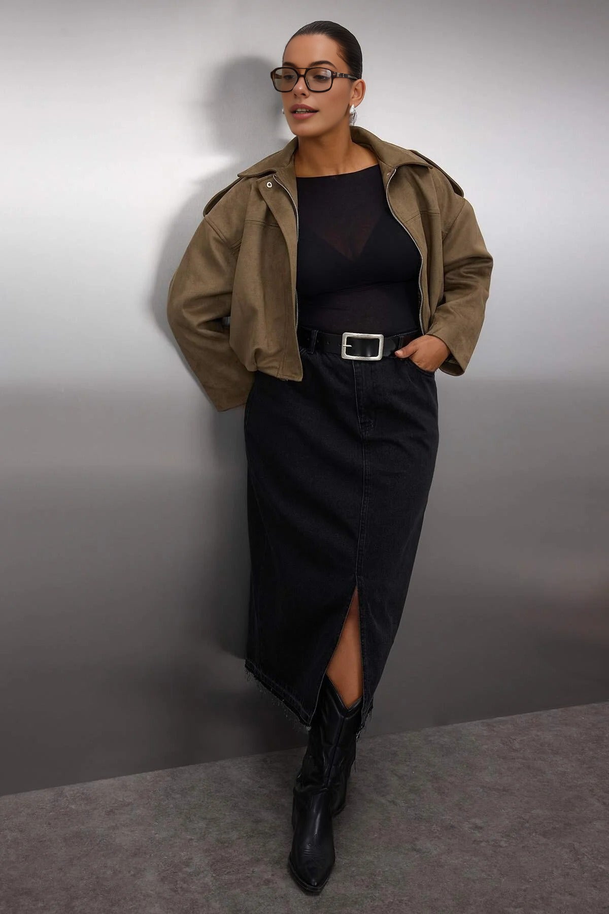 Front Slit Midi Length 100% Cotton Non-Stretch Plus Size Denim Skirt