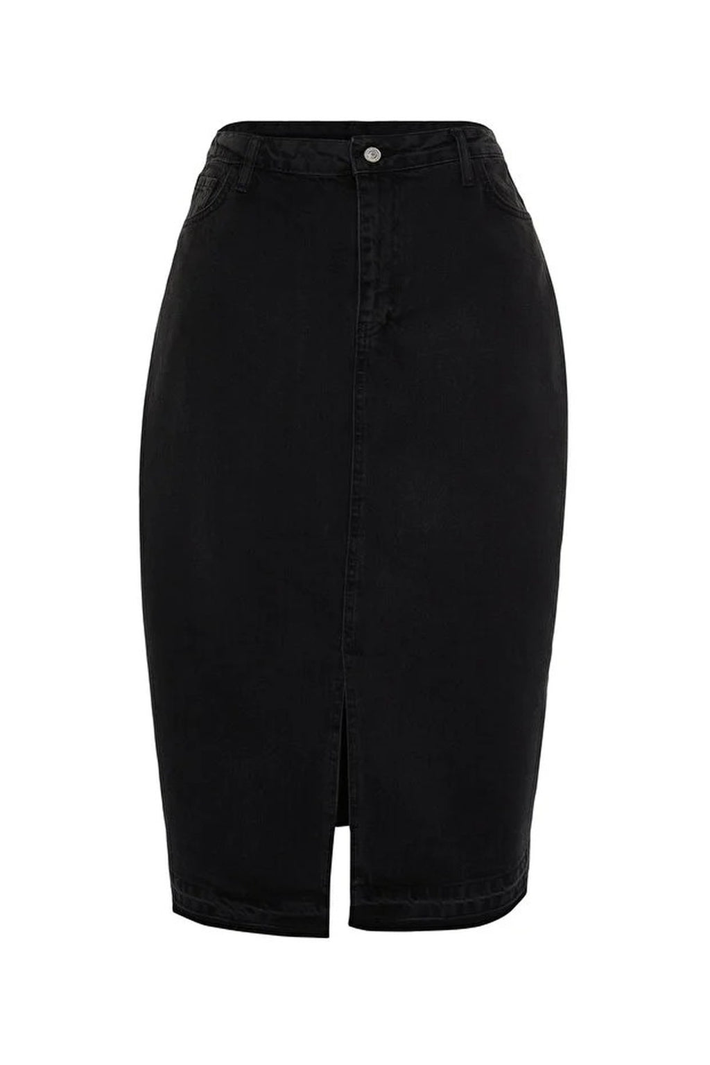 Front Slit Midi Length 100% Cotton Non-Stretch Plus Size Denim Skirt