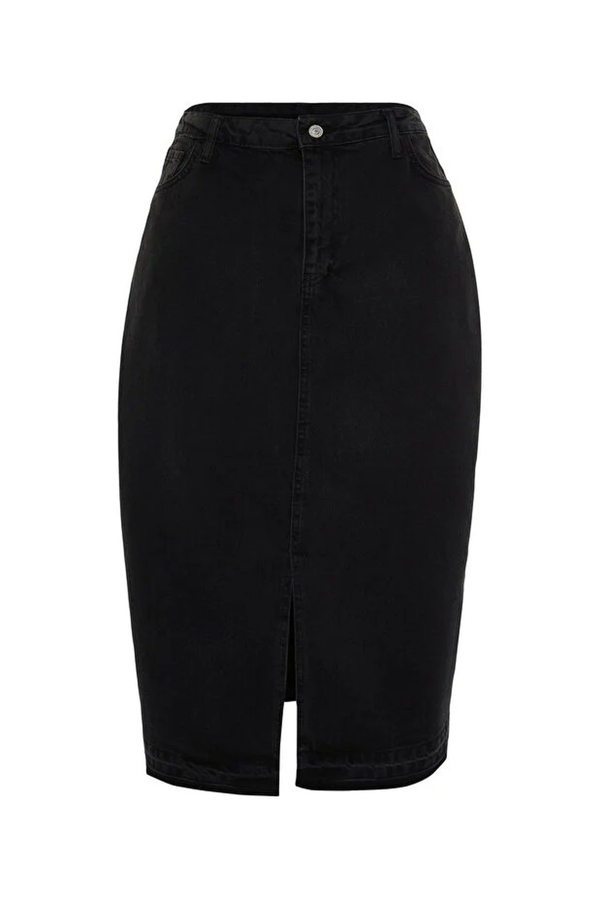 Front Slit Midi Length 100% Cotton Non-Stretch Plus Size Denim Skirt
