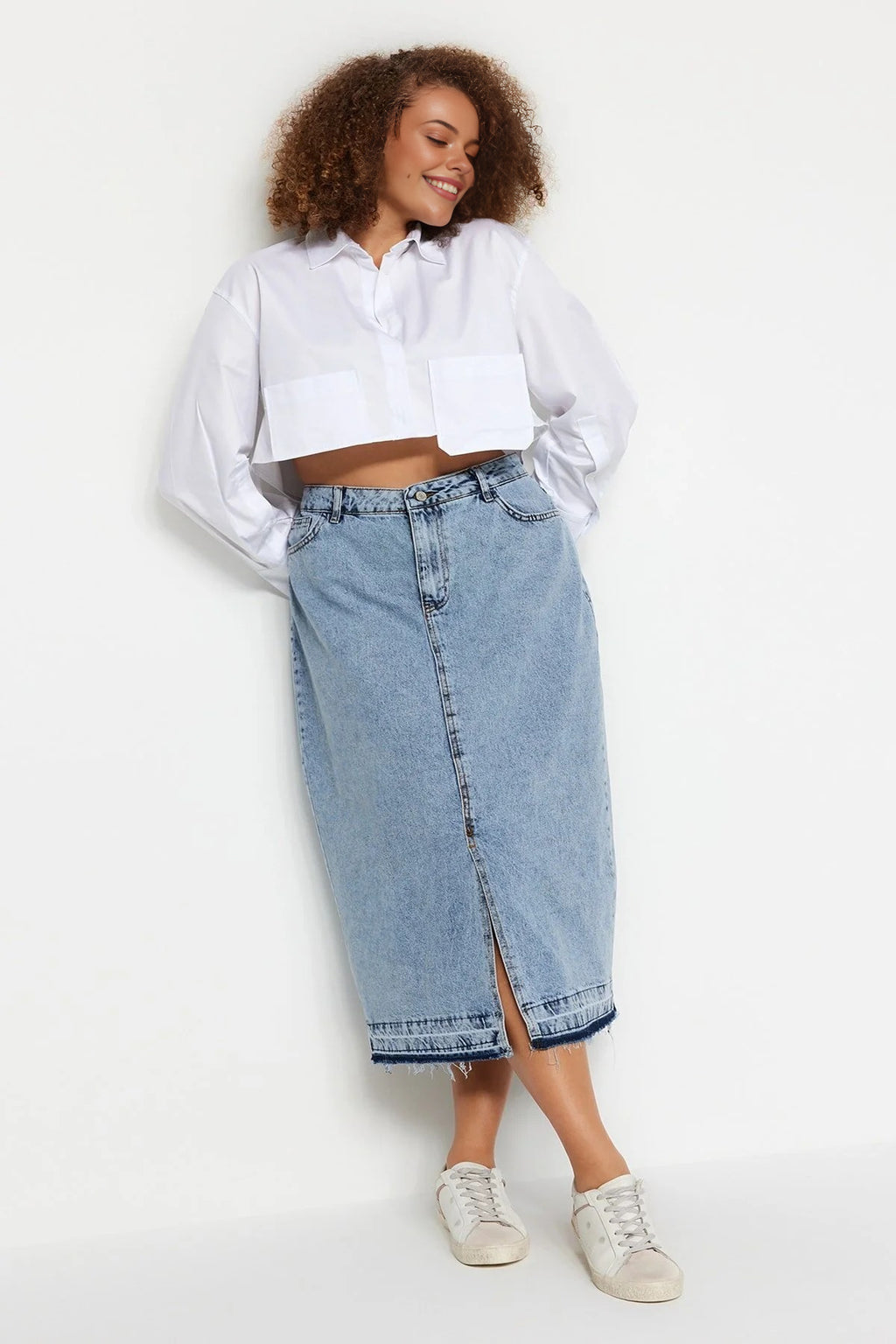 Front Slit Midi Length 100% Cotton Non-Stretch Plus Size Denim Skirt