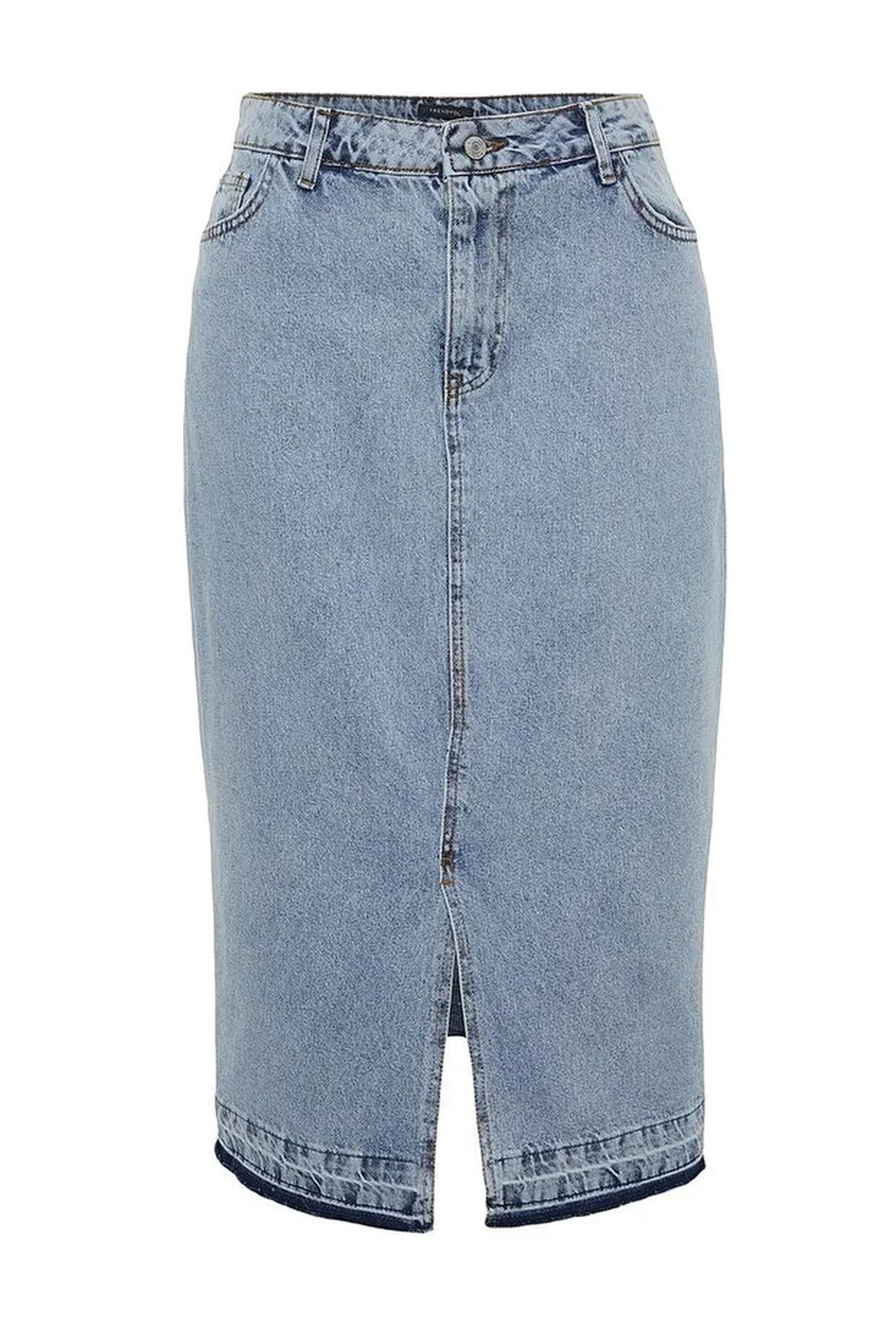 Front Slit Midi Length 100% Cotton Non-Stretch Plus Size Denim Skirt