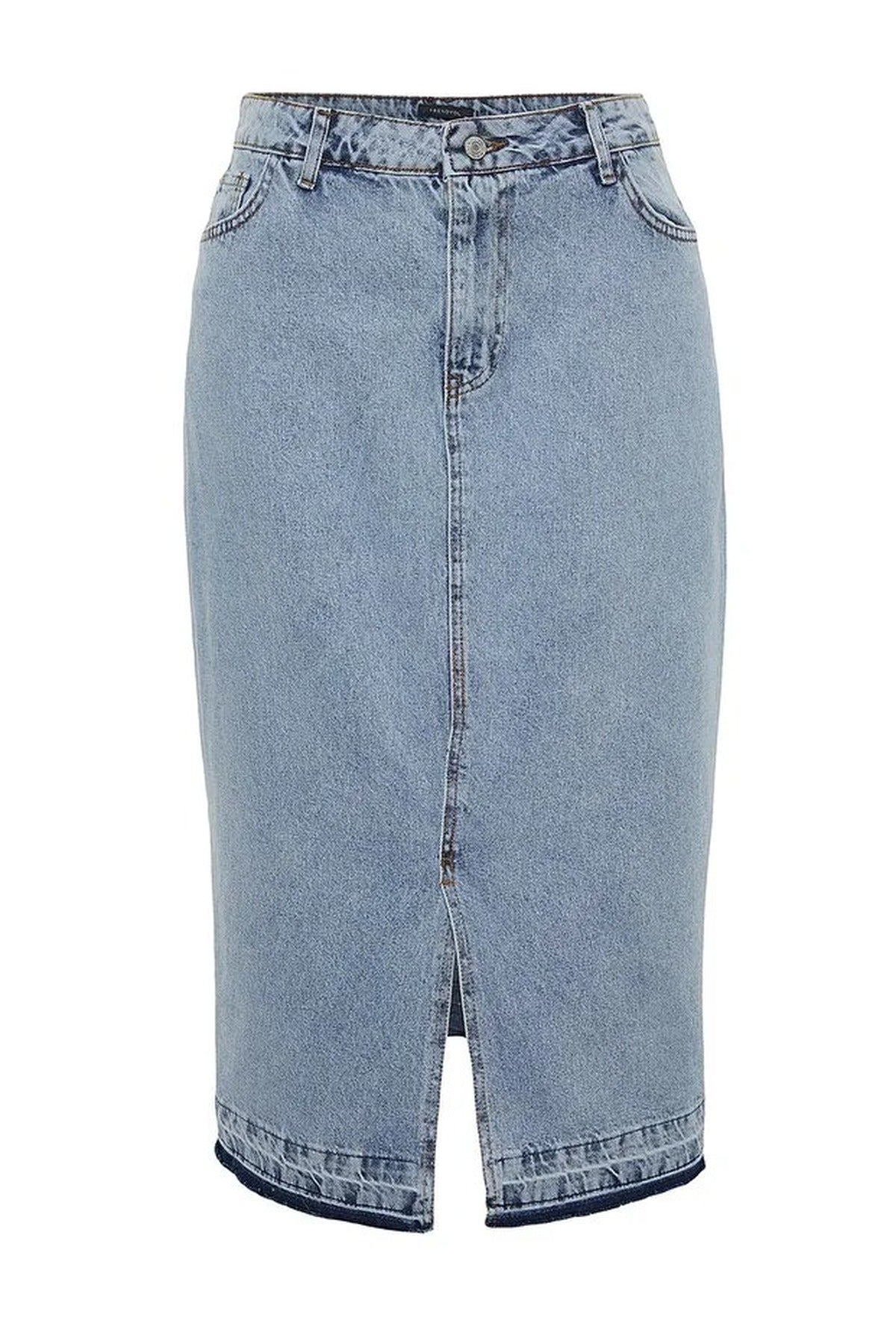 Front Slit Midi Length 100% Cotton Non-Stretch Plus Size Denim Skirt