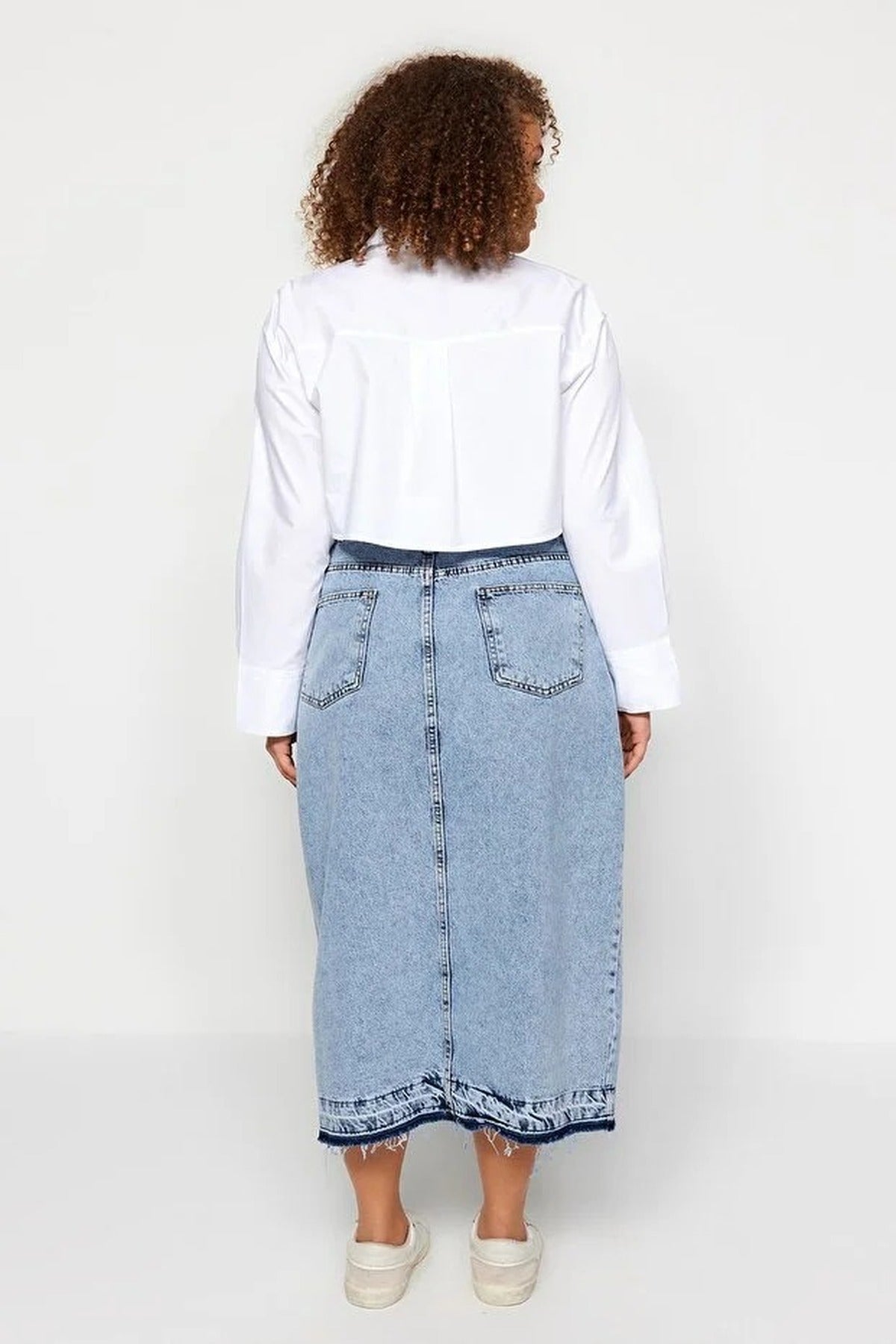 Front Slit Midi Length 100% Cotton Non-Stretch Plus Size Denim Skirt