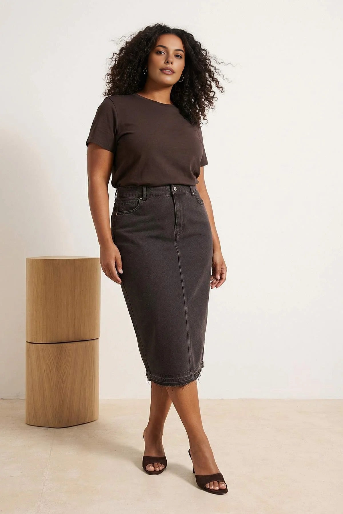 Front Slit Midi Length 100% Cotton Non-Stretch Plus Size Denim Skirt