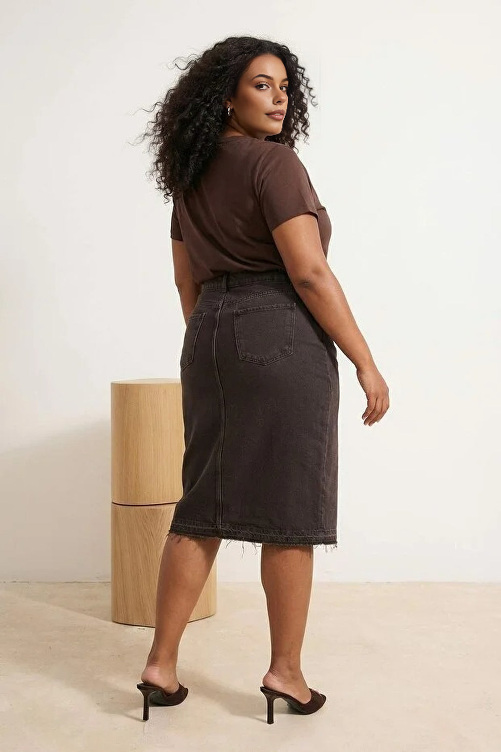Front Slit Midi Length 100% Cotton Non-Stretch Plus Size Denim Skirt